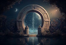 The Light Of Evden A Portal Ancient Gate In The Middle Of The Waters, Waters In The Celestial Sphere Of Peace, Neverland Dreamy Cosmic Beings Surrounding In Naturef 3d Rendering. Generative AI