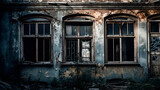 Fototapeta Londyn - An intriguing and mysterious photo of an abandoned building, with peeling paint, broken windows, and a haunting atmosphere.