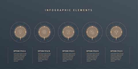 Business process chart infographics with 5 step circles. Round workflow graphic elements. Company flowchart presentation slide. Vector info graphic in flat design