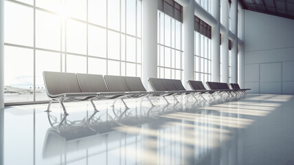 Wall Mural - airport lobby waiting area with chairs and large windows.
