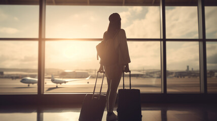 Wall Mural - woman on airport with luggage and baggage at sunset.