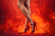 © Golden_hind - Beautiful woman legs in red high heels with fire on background. Generative AI