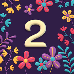 set of numbers on dark background with flowers and plants, 3d rendering, two