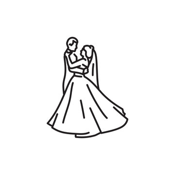 First wedding dance of newlywed black line icon.