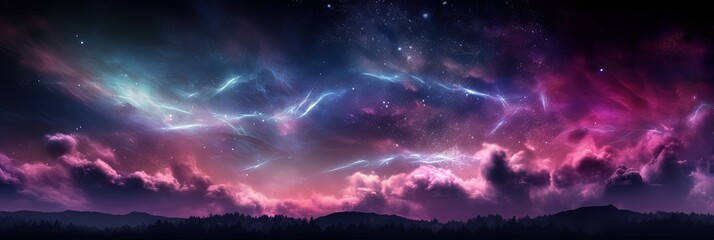 Wall Mural - mystical night sky a glowing fantasy of black blue purple and magenta with twinkling stars and cloud