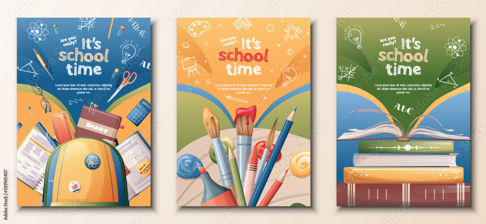 School banners set. Back to school, knowledge, education. Posters with school textbooks, books, backpack, paints. Vector set of a4 size flyers.
