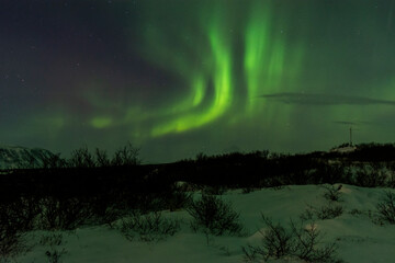imagen de un paisaje nocturno nevado con una aurora boreal en el cielo de islandia
