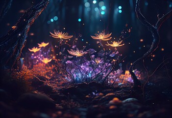 Wall Mural - Fantasy forest at night, magic luminous flowers in fairytale wood, generative AI