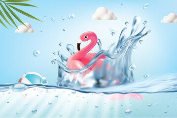 Poster - Realistic Detailed 3d Flamingo Swimming Ring and Water Splash Summer Travel or Vacation Concept Background. Vector illustration