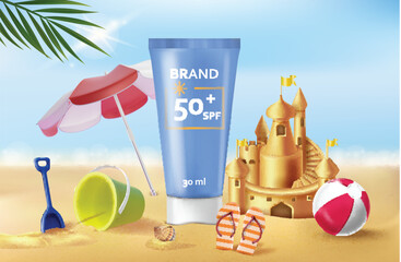 Sticker - Realistic Detailed 3d New Sunscreen Water Resistant Sunblock for all Skin Types Concept Background. Vector illustration