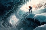 Fototapeta  - A climber cuts an ice axe into the ice cover of the mountain, a view from below, created with generative ai