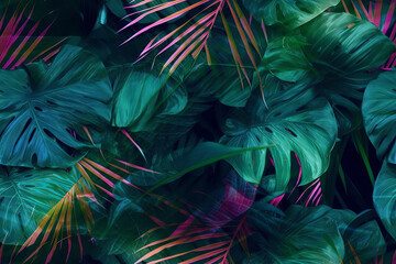 Wall Mural - Tropical background exotic fresh green Summer palm leaves and plants in vivid colorful neon colors, flat lay of seamless pattern. Generative AI.
