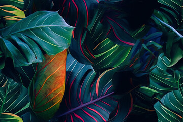 Wall Mural - Tropical background exotic fresh green Summer palm leaves and plants in vivid colorful neon colors, flat lay of seamless pattern. Generative AI.