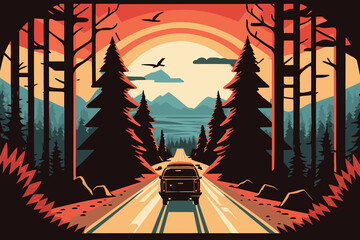 Wall Mural - A summer roadtrip with a stylish family car into the forests and mountains. Vector art. Generative AI tachnology.