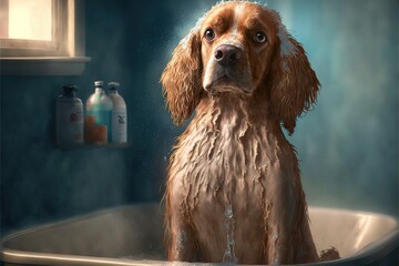 Sticker - Funny portrait of cute wet dog showering with shampoo, taking bubble bath, created with generative ai