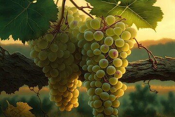 Sticker - The perfect bunch of green grapes on a vineyard branch at sunset, created with generative ai