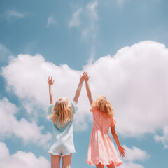 Sticker - Young, beautiful girls in clouds, thick white clouds on clear blue sky. A symbol of happiness, joy and freedom, a cute friends who support each other in a pastel outfit. Generative AI.