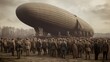 German people waving at steampunk zeppelin takeoff   generative ai