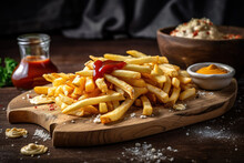 Generative AI Illustration Of Delicious French Fries Served On Wooden Board With Ketchup And Mustard In Wooden Bowl Garnished With Salt