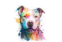 Pit Bull Drawn With Multi-colored Watercolors Isolated On A White Background. Generated By AI