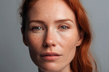 Generative AI Illustration Of Mature Redhead Female With Freckles And Green Eyes Looking At Camera On Blurred Background