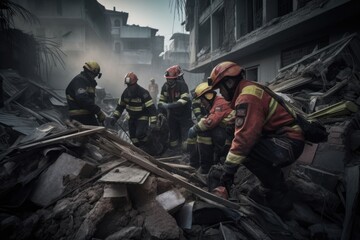 Firefighters Rescue Survivors from Rubble.Courageous firefighters work tirelessly to save lives after an earthquake. Generative AI