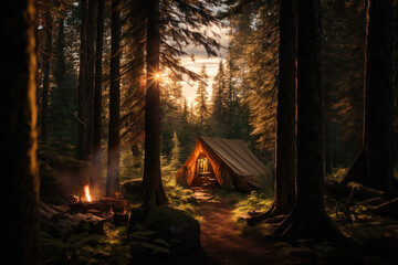 Generative AI illustration of opened camping tent placed near burning fire in green forest with lush trees and plants in nature