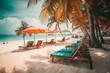 © jambulart - Beach chairs, umbrella and palms on the beach, generative ai
