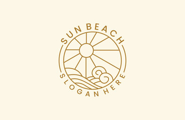 Wall Mural - Ocean Sun Wave line outline Logo Design Template vintage vector .