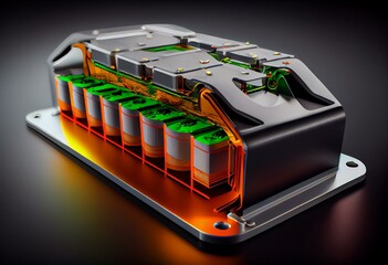 Canvas Print - LFP blade shape battery cells design for modern electric vehicle, 3D rendering of new research and development of lithium-ion energy storage technology increase strong support on EV. Generative AI