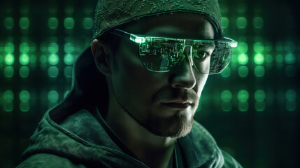 Cyber Expert Analyzing Code: Portrait of IT specialist with smart glasses and cyberspace green matrix. Generative AI