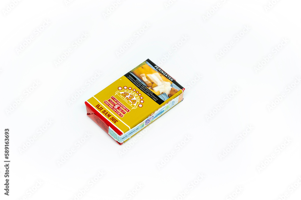 sam cigarettes Jakarta, Indonesia. March 27, 2023: Dji Sam Soe Kretek close up. Packaged  cigarettes. Cigarette Dji Sam Soe Kretek on isolated background Stock Photo