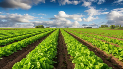 Wall Mural - Growing lettuce in rows in a field on a sunny day. Generative AI