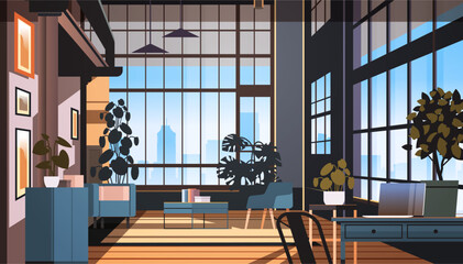 Wall Mural - creative empty no people apartment modern loft interior of open space home office with furniture for corporate or freelance work