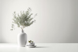 Fototapeta Kwiaty - White background with a white vase filled with olive trees,