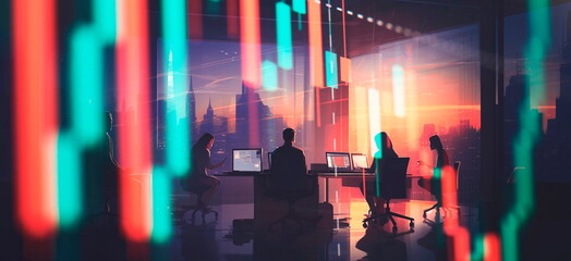 Programmers in the office work in a big city, work on an application, sit with their backs Generative AI