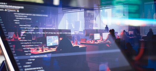 Programmers in the office work in a big city, work on an application, sit with their backs Generative AI