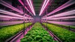 © piai - A high-angle shot of a greenhouse with a hydroponic system and LED grow lights. Generative AI