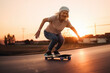 Senior woman skateboarding at sunset, generative ai