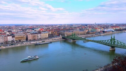 Poster - Pest panorama with ship on Danube and bridges, Budapest, Hungary