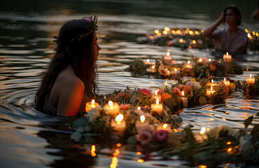 Canvas Print - woman in the river with candles and flowers, wearing flower crown. Generative AI image.