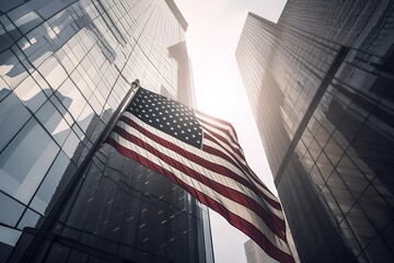 Wall Mural - Low Angle View Of American Flag Against Modern Skyscrapers, Generative AI