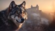 © Anna Elizabeth - Golden Hours with a Fierce Grey Wolf: Majestic Head Shot against Old Castle and Misty Hills, in a Scenic Wilderness Portrait - Canis Lupus, Alpha Predator of Historic Ruins Medieval generative ai