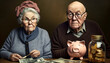Rentner Paar Ehepaar sitzt vor einem Sparschwein Ruhestand Rentenerhöhung und Wohlstand Altersvorsorge symbolisch dargestellt Generative AI 