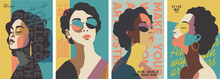 Girl In Glasses. Minimalistic Vector Portraits. Fine Art. Set Of Vector Illustration.