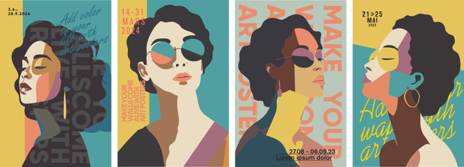 Wall Mural - Girl in glasses. Minimalistic vector portraits. Fine Art. Set of vector illustration.