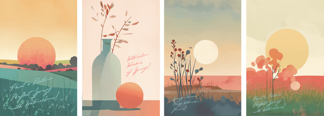 spring, summer. minimalistic landscape, still life, field. set of vector pictures. watercolor. brush