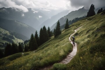 A mountain biker rides his bike in a beautiful landscape near Zell Am See at the Kaprun region, Austria. , Generative AI