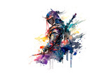 ninja with a sword drawn with watercolors isolated on a white background. AI generation