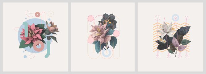 Wall Mural - abstract minimalist art. mixed style, geometric shapes and plants. flowers, leaves. set of vector pa